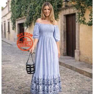 ZARA Balloon Sleeve Smocked Maxi Dress Blue White Eyelet Hem NWT